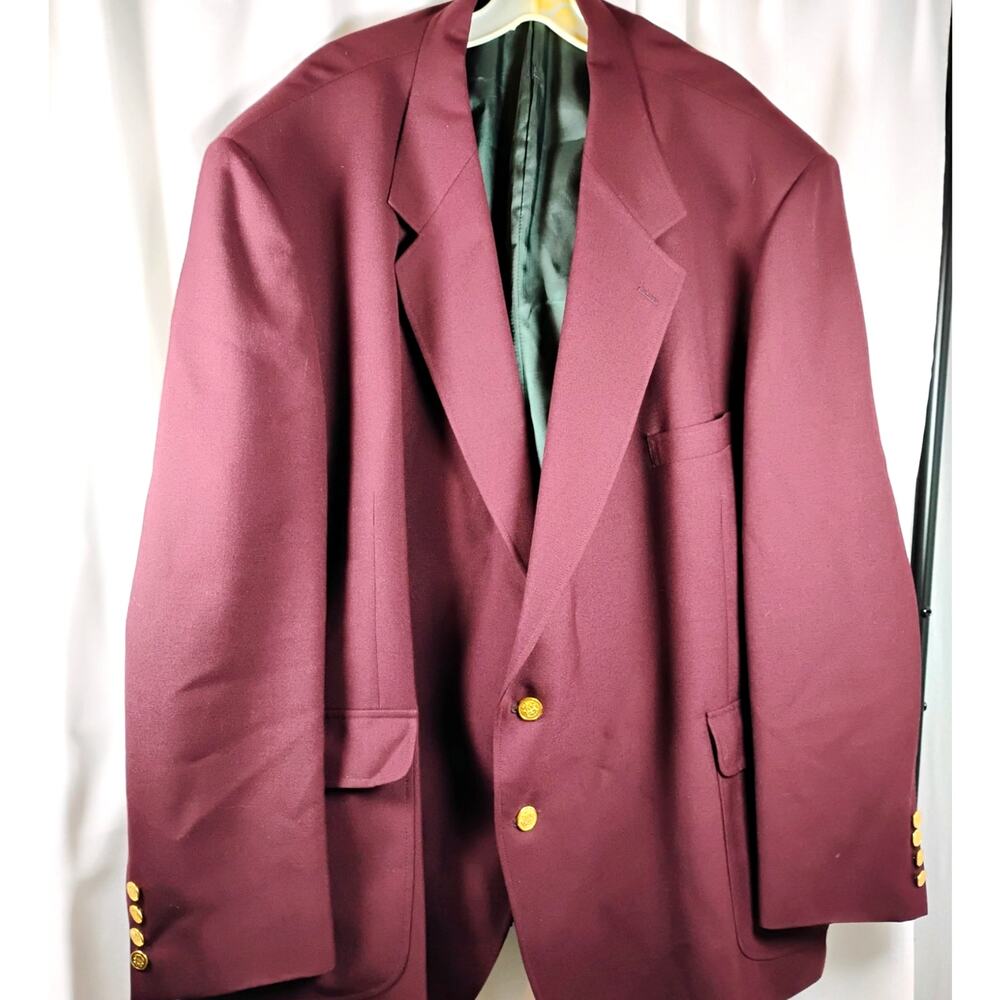 Vintage Carolcrest Mens 60R Burgundy Blazer Heraldic Buttons Preppy USA Academia